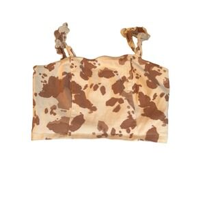 Altar'd State Cow Crop Top Brown Cream Ruffle Strap Zip Back farm girl stretch M